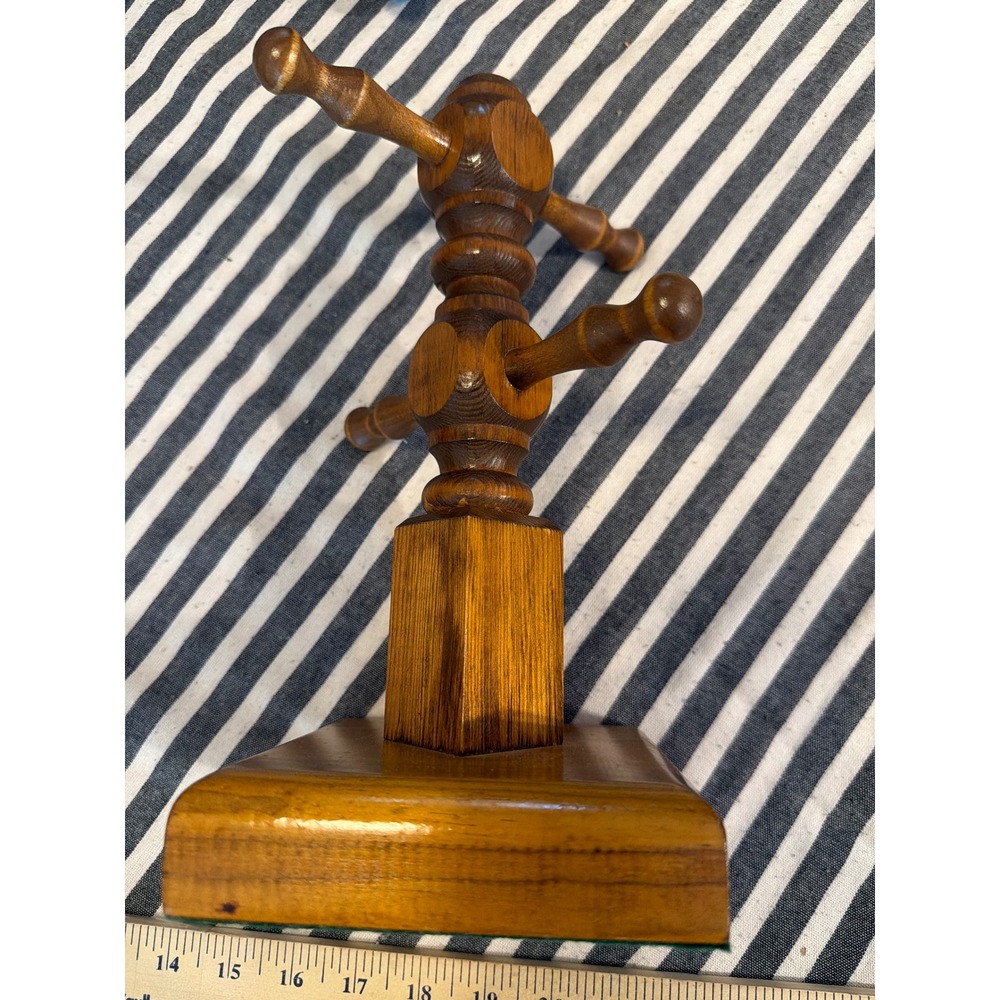 Vintage Wooden Mug Tree Jewelry Stand 4 Hook Spindle Turned Wood Brown Farmhouse
